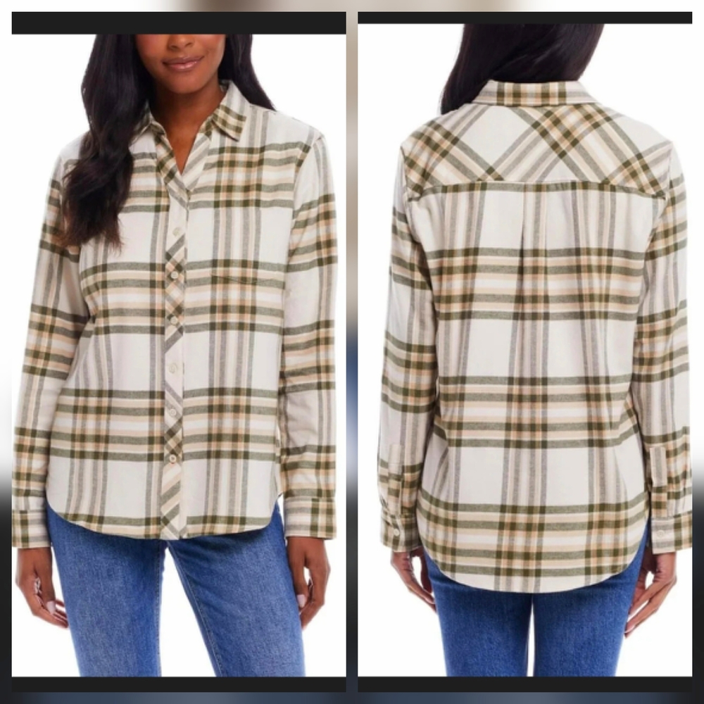 Weatherproof Women's Plaid Button-Down Flannel Shirt in Olive and Cream MKY